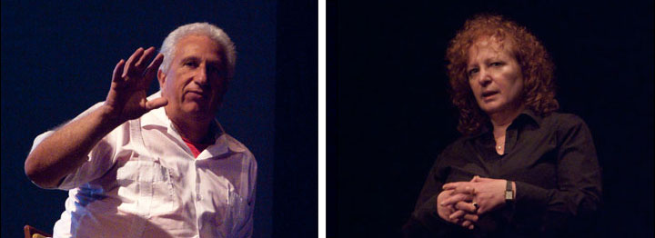 (left) Massimo Vitali discusses his return to traditional photography after spending time in the art of Cinematography for television. Courtesy, © Susan Katz, 2011, (right) Nan Goldin tells a story of influence, experience and insight as she guides audience members through her memories, and into her photographs. Courtesy, © Susan Katz 2011