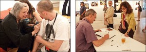 (left) Sylvia Plachy gets creative, and signs a guest’s T-shirt at her book signing. Courtesy, © Susan Katz 2009, (right) Martin Parr signs his book for a Festival guest at his book signing as John Gossage looks on. Courtesy, © Susan Katz 2009