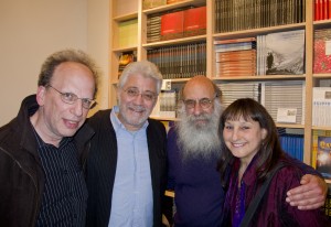 Attending Ken and Melanie Light's New York exhibit and reception at Umbrage Books, Fred Richin (NYU & Pixel Press), Robert Pledge (Contact Press Images), Malcolm Margolin (Heyday Publishing), and Suzie Katz pose for a photo. Courtesy, ©Suzie Katz 2012