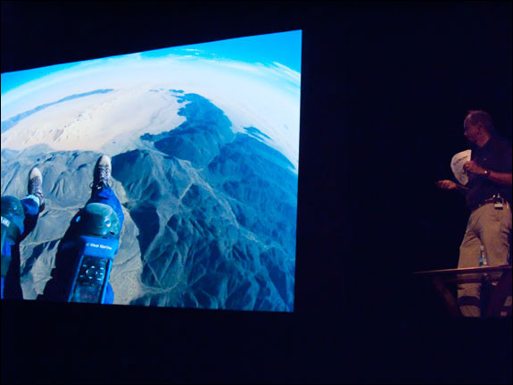 George Steinmetz tells the audience about this image, one he took from his paragliding apparatus. Courtesy, © Susan Katz 2009 