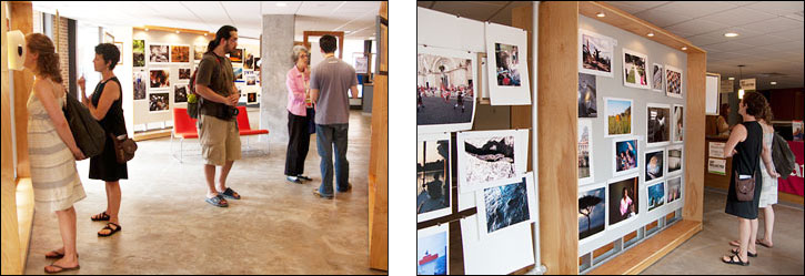 (left) As part of YourSpace, Festival attendees are given the opportunity to print and display their work at the Festival. Courtesy, © Susan Katz 2009, (right) Festival-goers look at photographs from a broad spectrum of subjects. Courtesy, © Susan Katz 2009