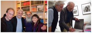 Left: Attending Ken and Melanie Light's New York exhibit and reception at Umbrage Books, Fred Richin (NYU & Pixel Press), Robert Pledge (Contact Press Images), Malcolm Margolin (Heyday Publishing), and Suzie Katz (PhotoWings) pose for a photo. Right: Ken Light signs a book for Robert Pledge, founder of Contact Press Images, at Ken's opening at Umbrage Books. Courtesy, ©Suzie Katz 2012