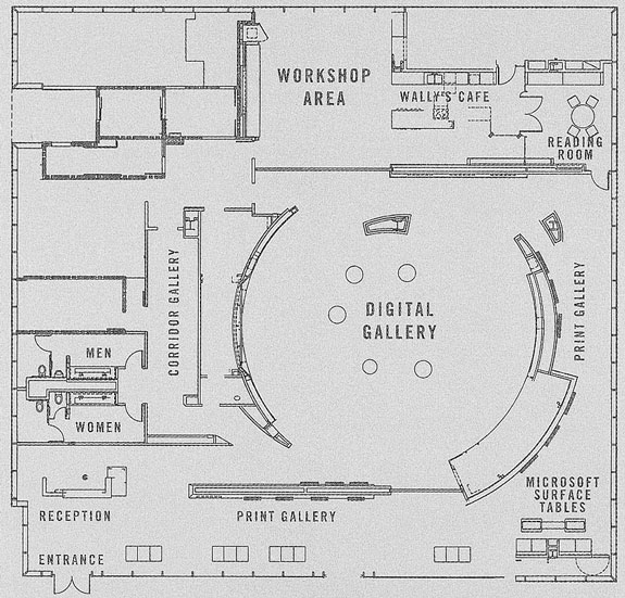 The Space's floor plan illustrates the curvilinear Digital Gallery walls that emulate the aperture of a camera. Courtesy © The Annenberg Space for Photography